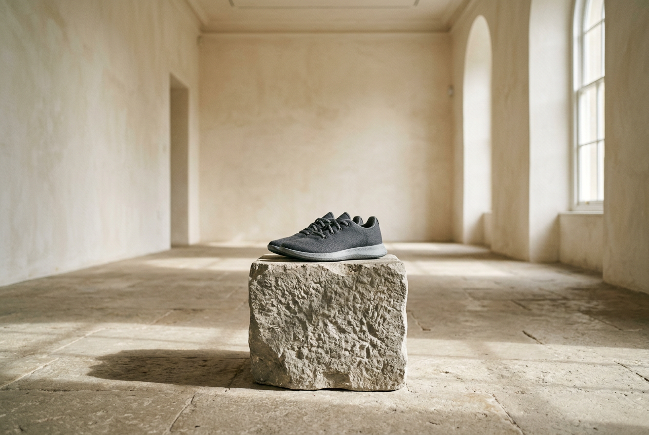 Running shoes resting on a stone plinth in a sunlit room