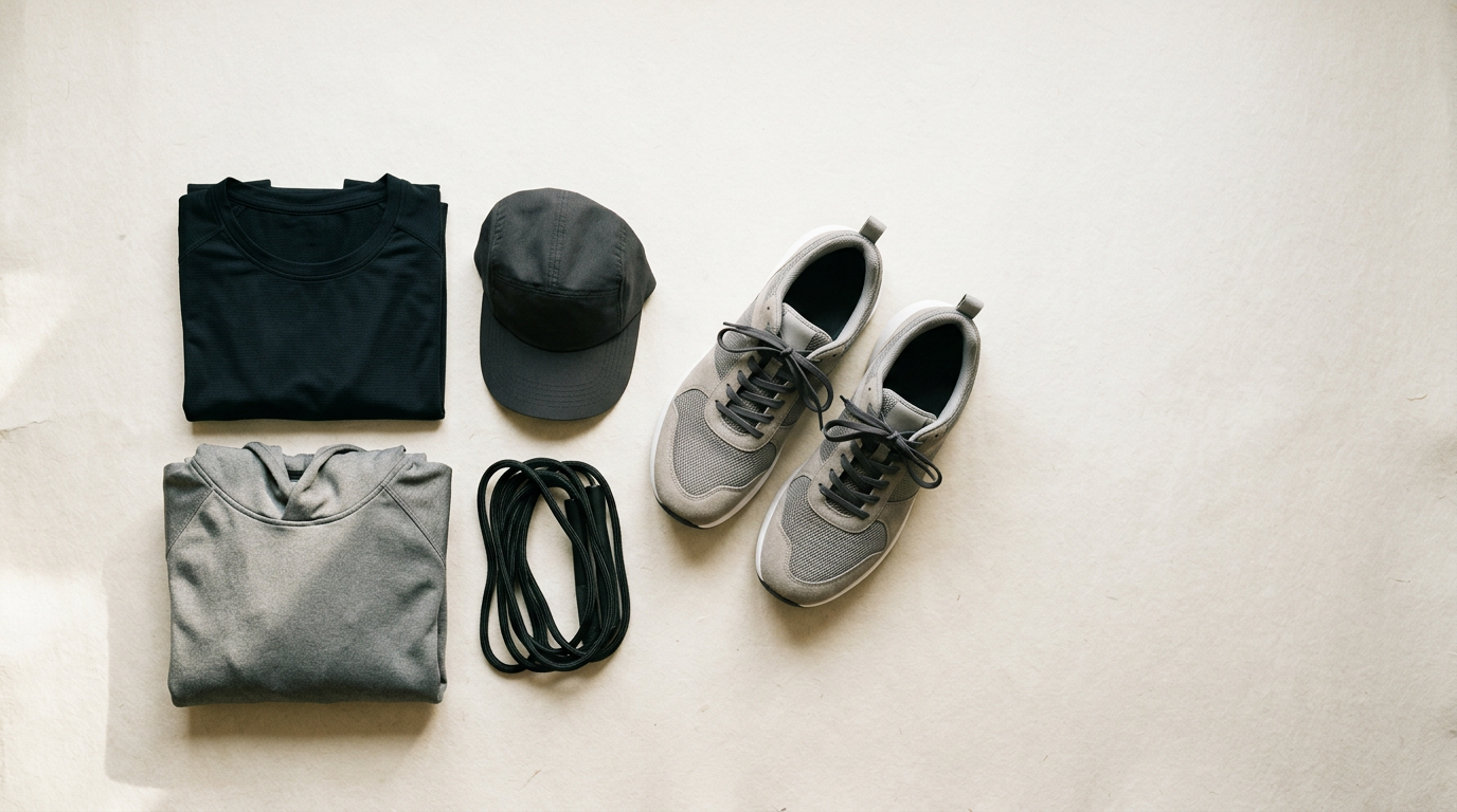 Athletic shoes and folded sportswear arranged on a warm off-white surface