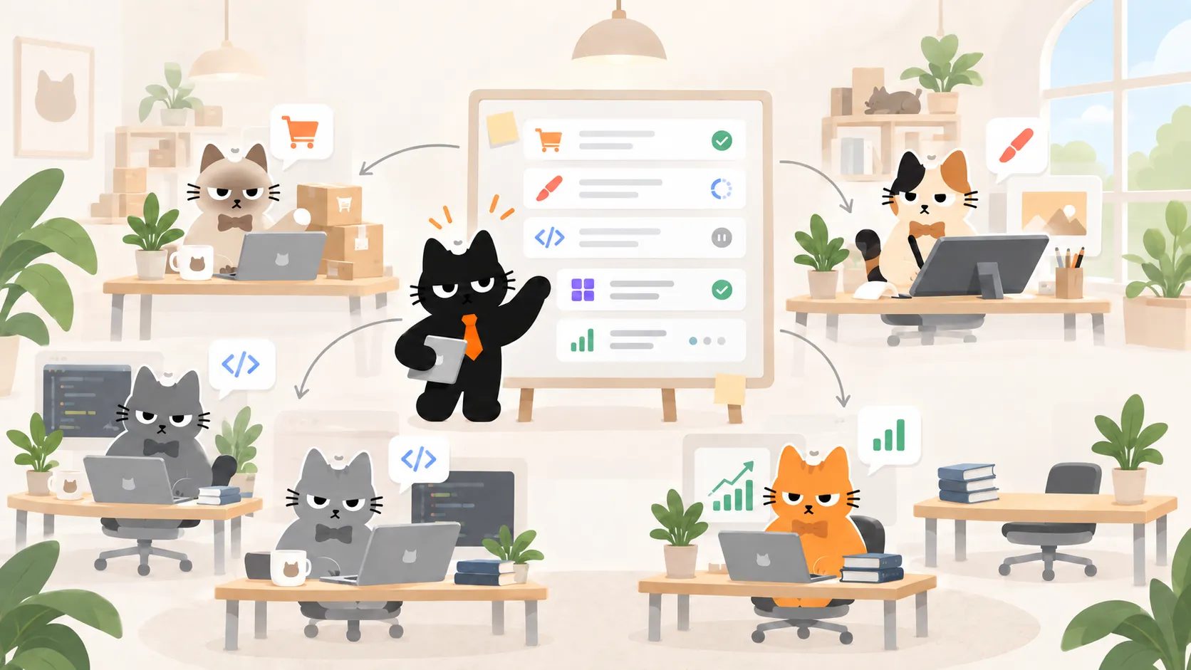 The Team leader assigns work to different specialists and shows what each specialist is doing in Meowgic Task.