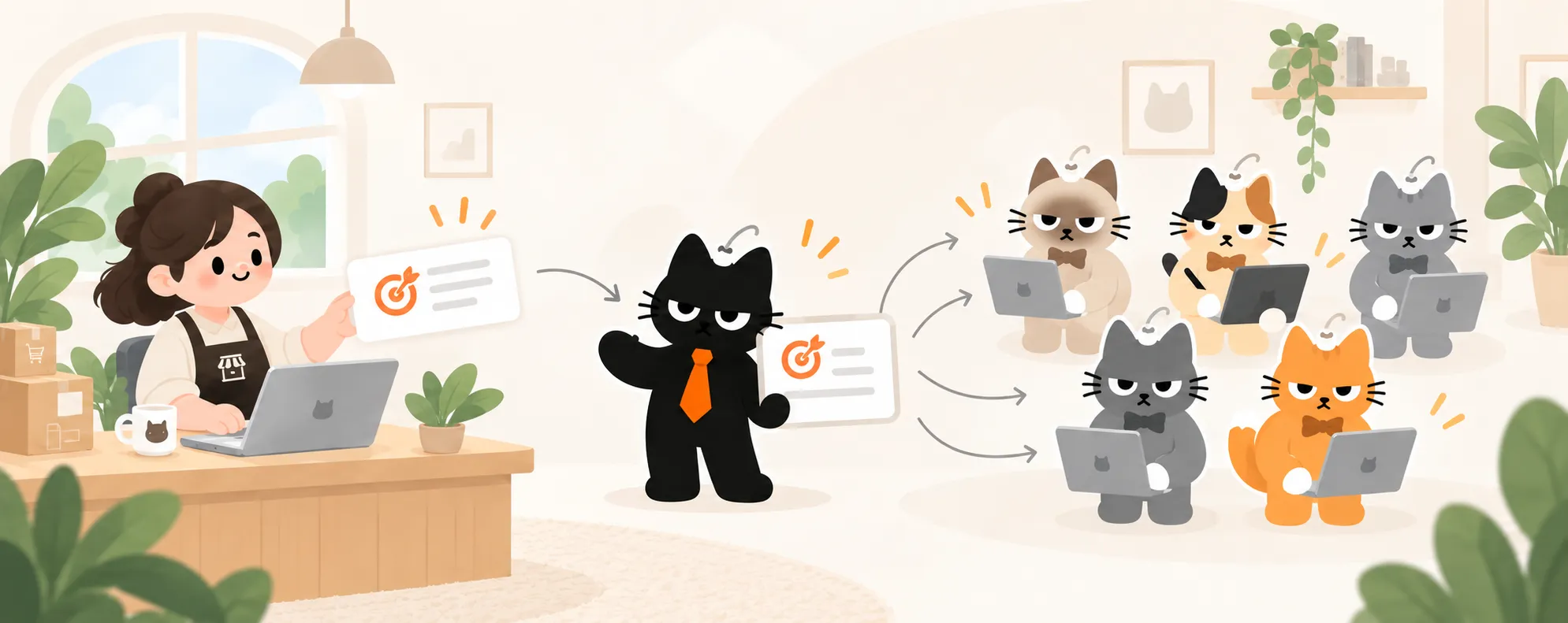 A merchant describes an e-commerce project in Meowgic Task, and the Team leader coordinates the AI specialists needed to complete it.
