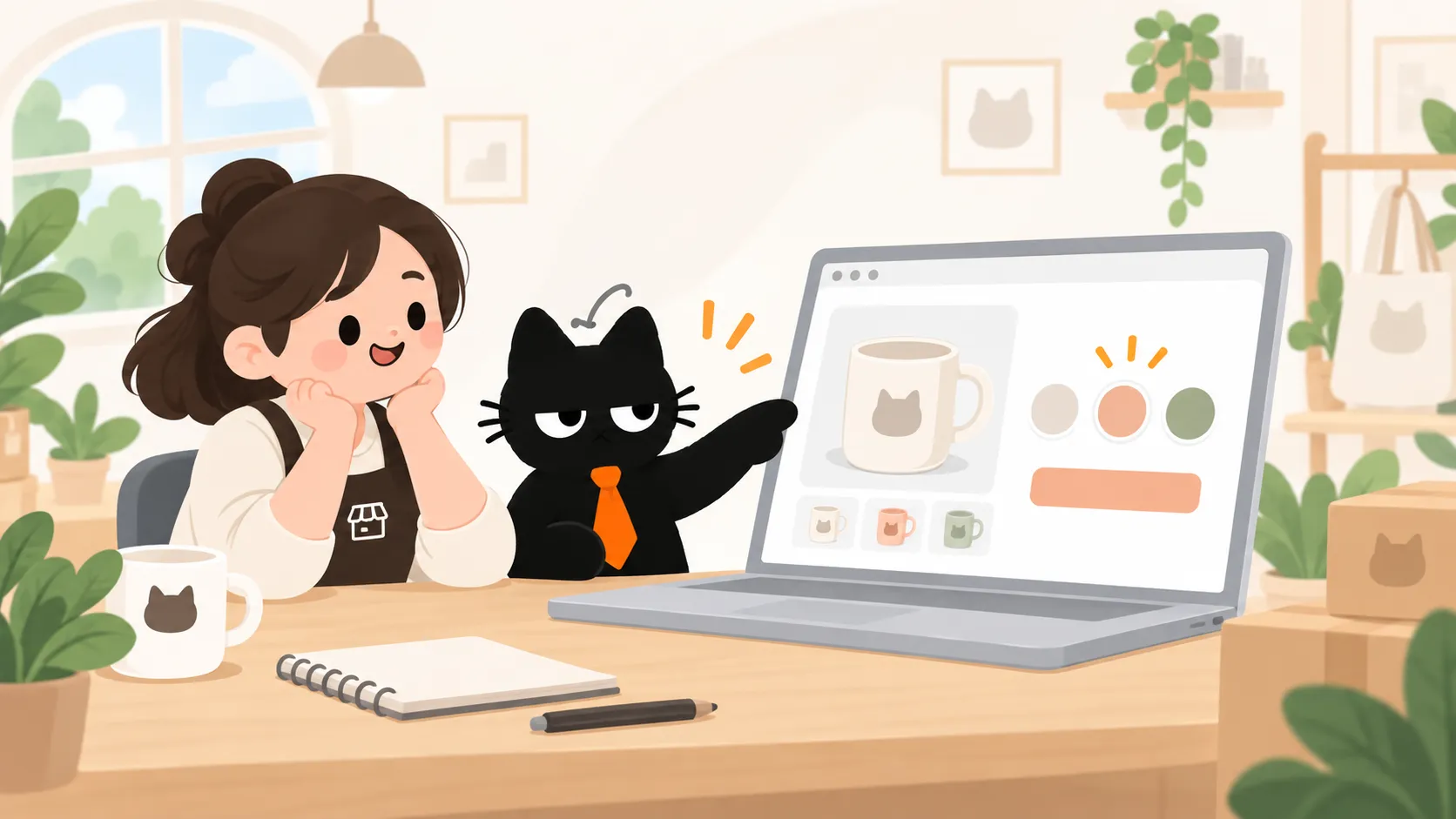 A merchant and the Meowgic cat review a product page with customer-selectable color options.