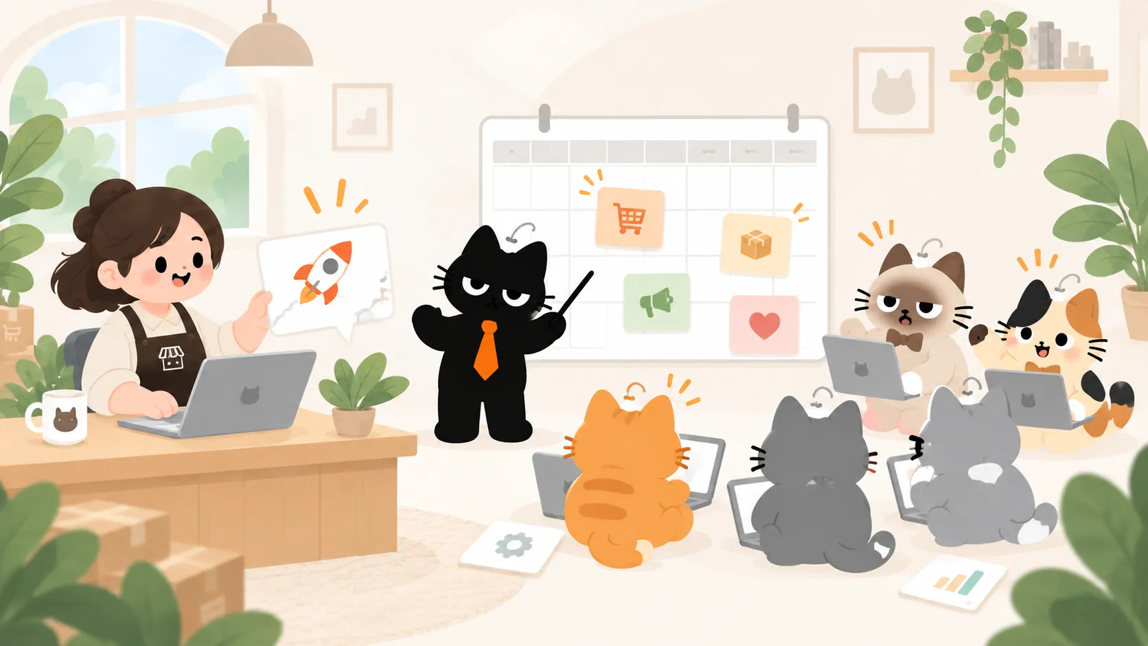 A merchant shares a product launch goal with the Meowgic AI team, which organizes the work on a calendar.