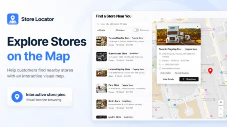 Store details with photos, hours, and tags