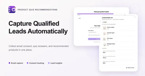 Email capture form and lead record with quiz answers and recomme
