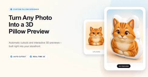 Custom Pillow Designer turns an uploaded orange cat image into a