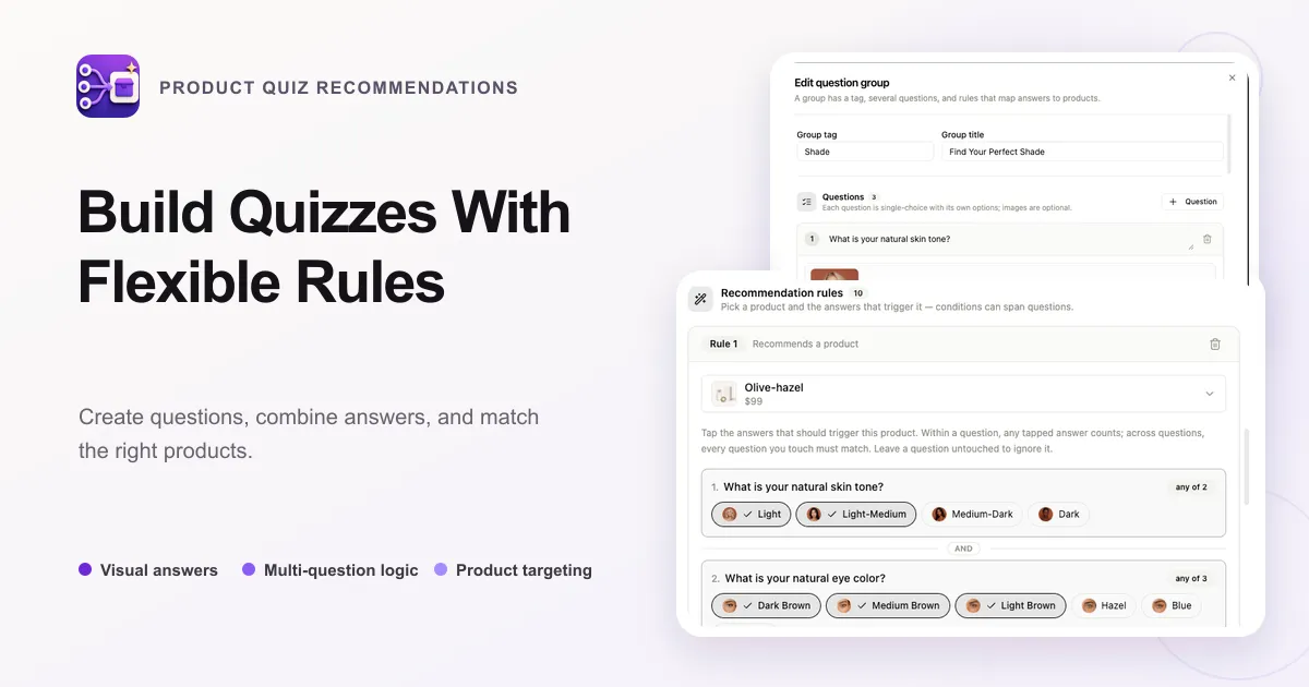 Quiz builder with visual answer options and multi-question produ