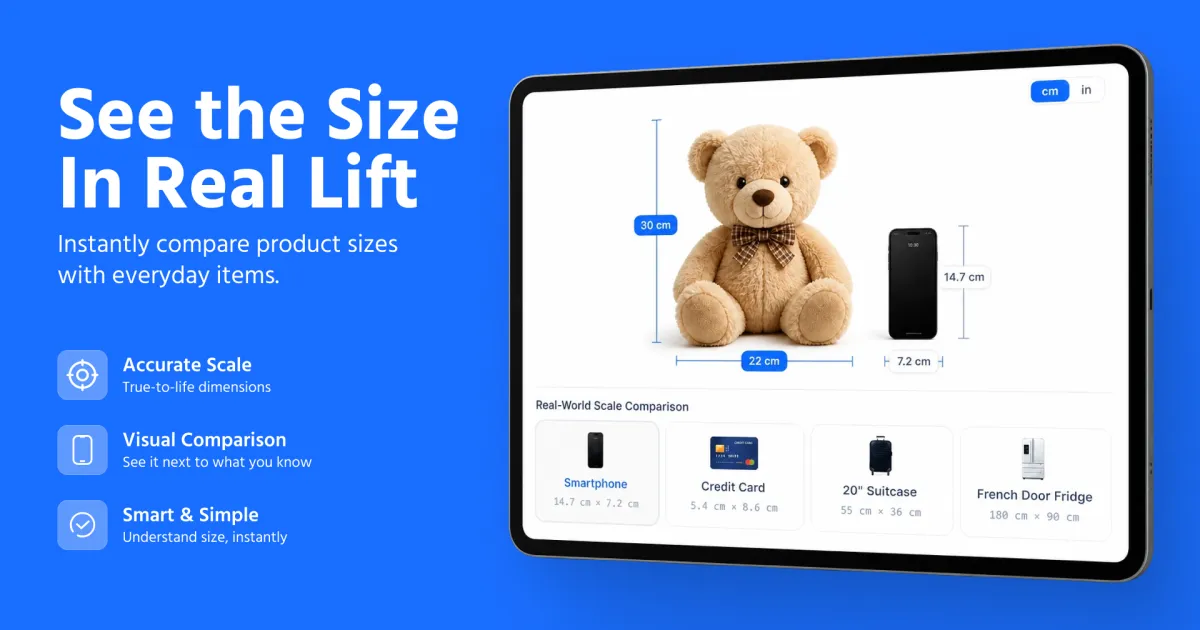 Product size comparison with real-world objects for scale.