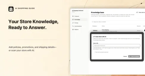 Merchant builds store knowledge manually or scans it with AI.